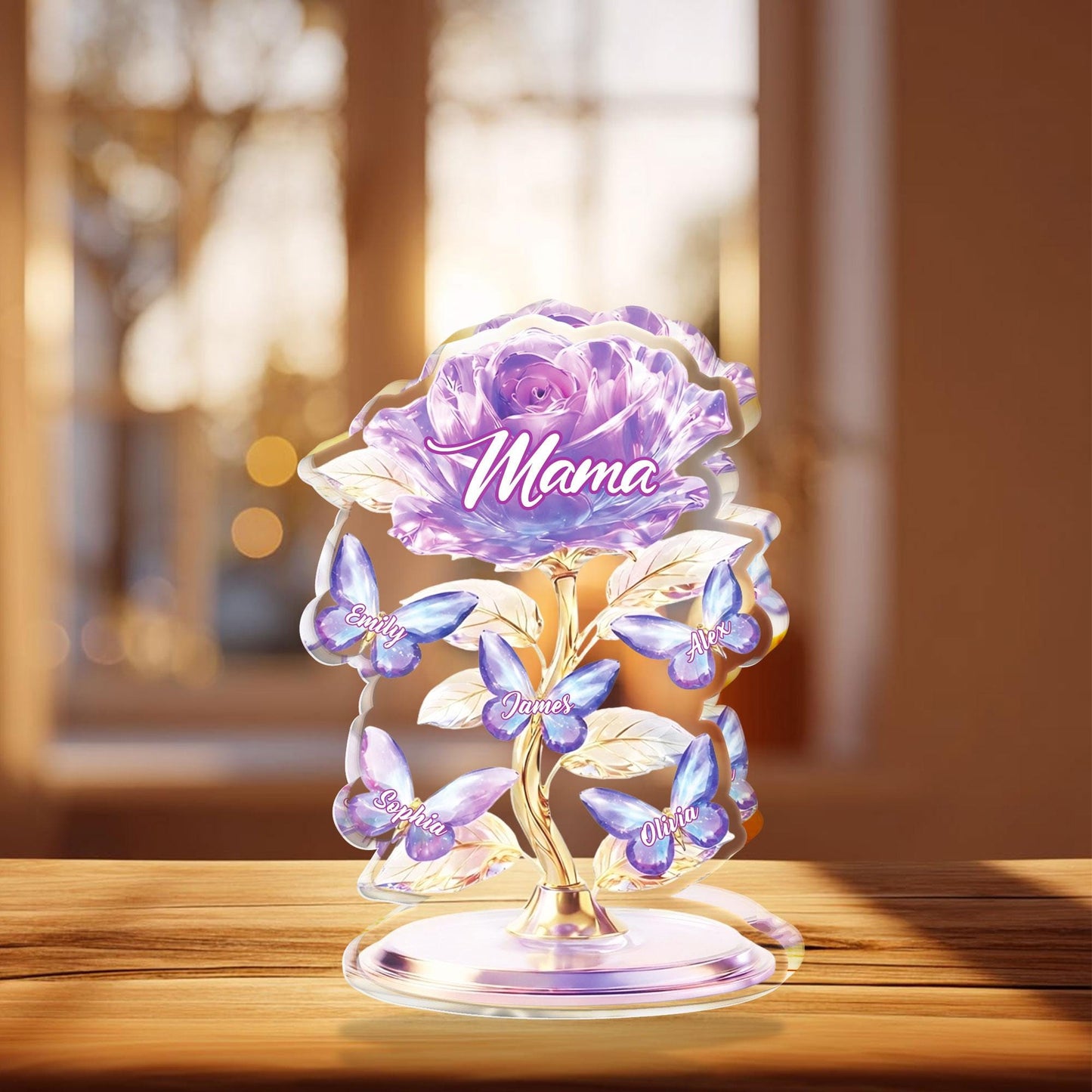 Personalized Mom Rose Acrylic Block, Custom Kids Names Gift, Purple Flower Mother’s Day Gift for Mom, Elegant Family Keepsake Decor
