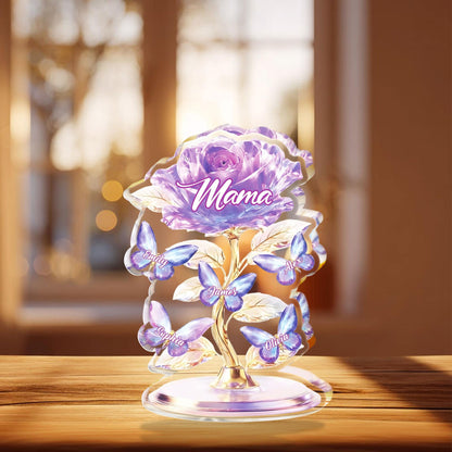 Personalized Mom Rose Acrylic Block, Custom Kids Names Gift, Purple Flower Mother’s Day Gift for Mom, Elegant Family Keepsake Decor