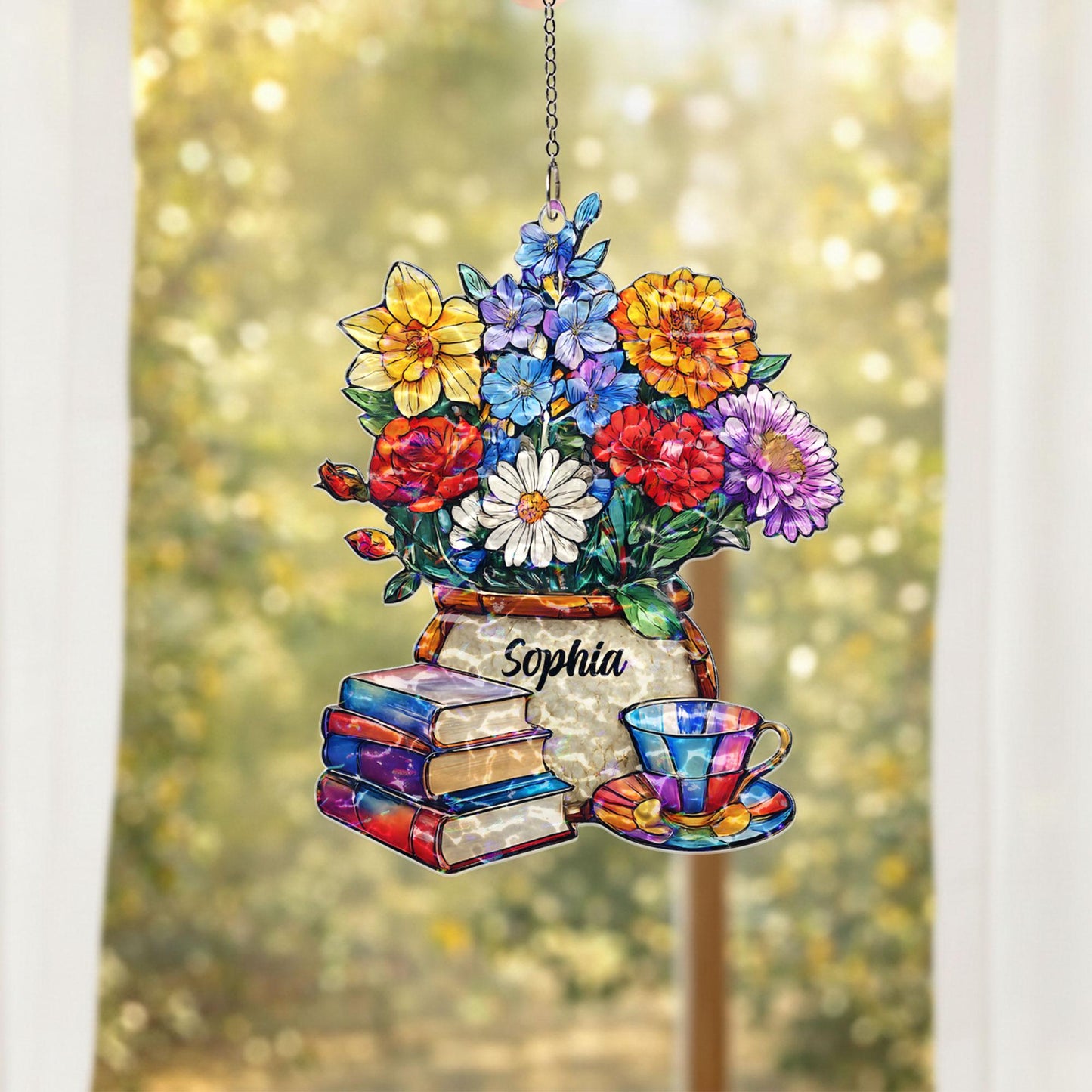 Personalized Book Lover Suncatcher, Custom Name Floral Window Hanging, Reading Nook Decor, Gift for Reader, Teacher Gift, Cozy Home Decor