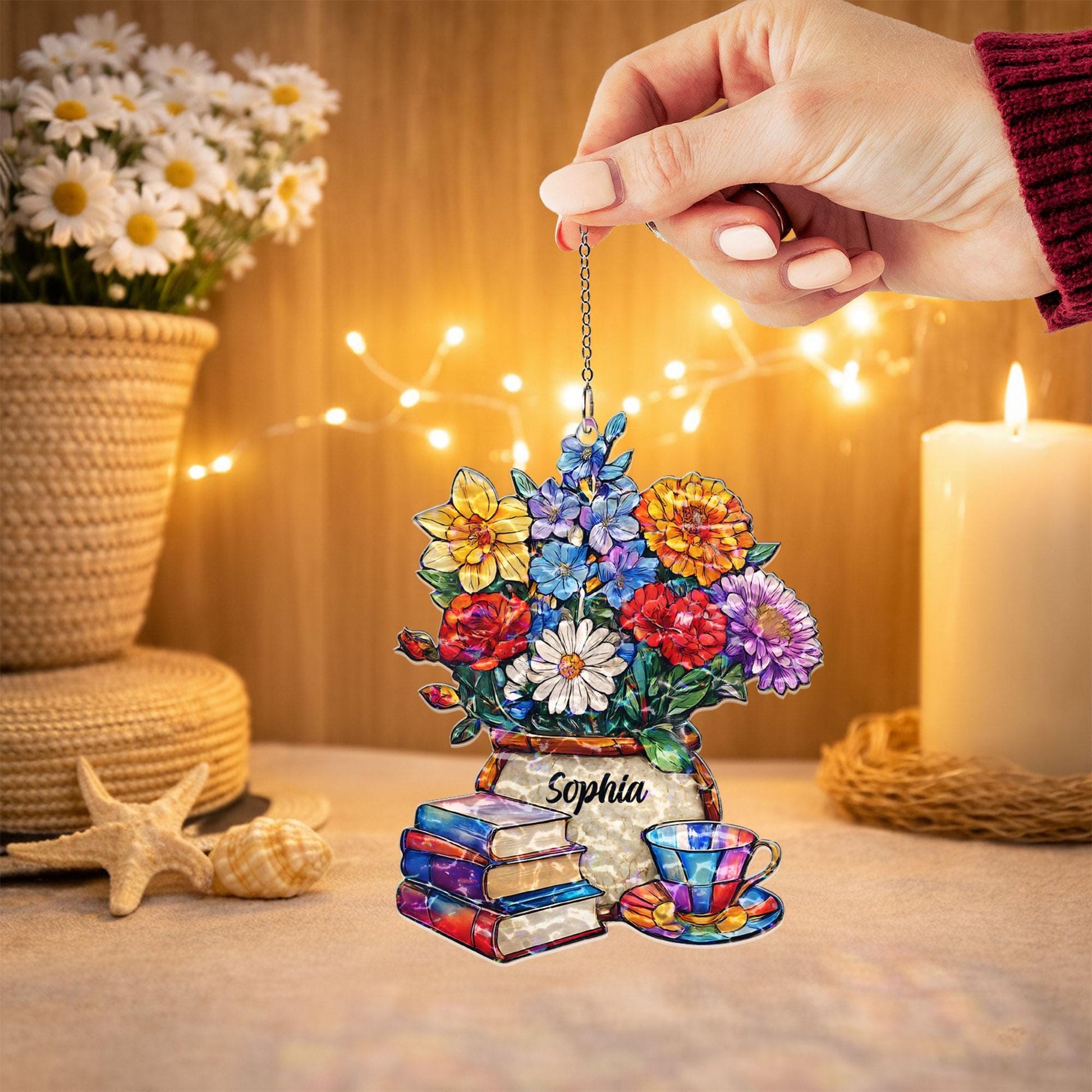 Personalized Book Lover Suncatcher, Custom Name Floral Window Hanging, Reading Nook Decor, Gift for Reader, Teacher Gift, Cozy Home Decor