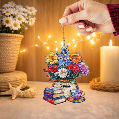 Personalized Book Lover Suncatcher, Custom Name Floral Window Hanging, Reading Nook Decor, Gift for Reader, Teacher Gift, Cozy Home Decor