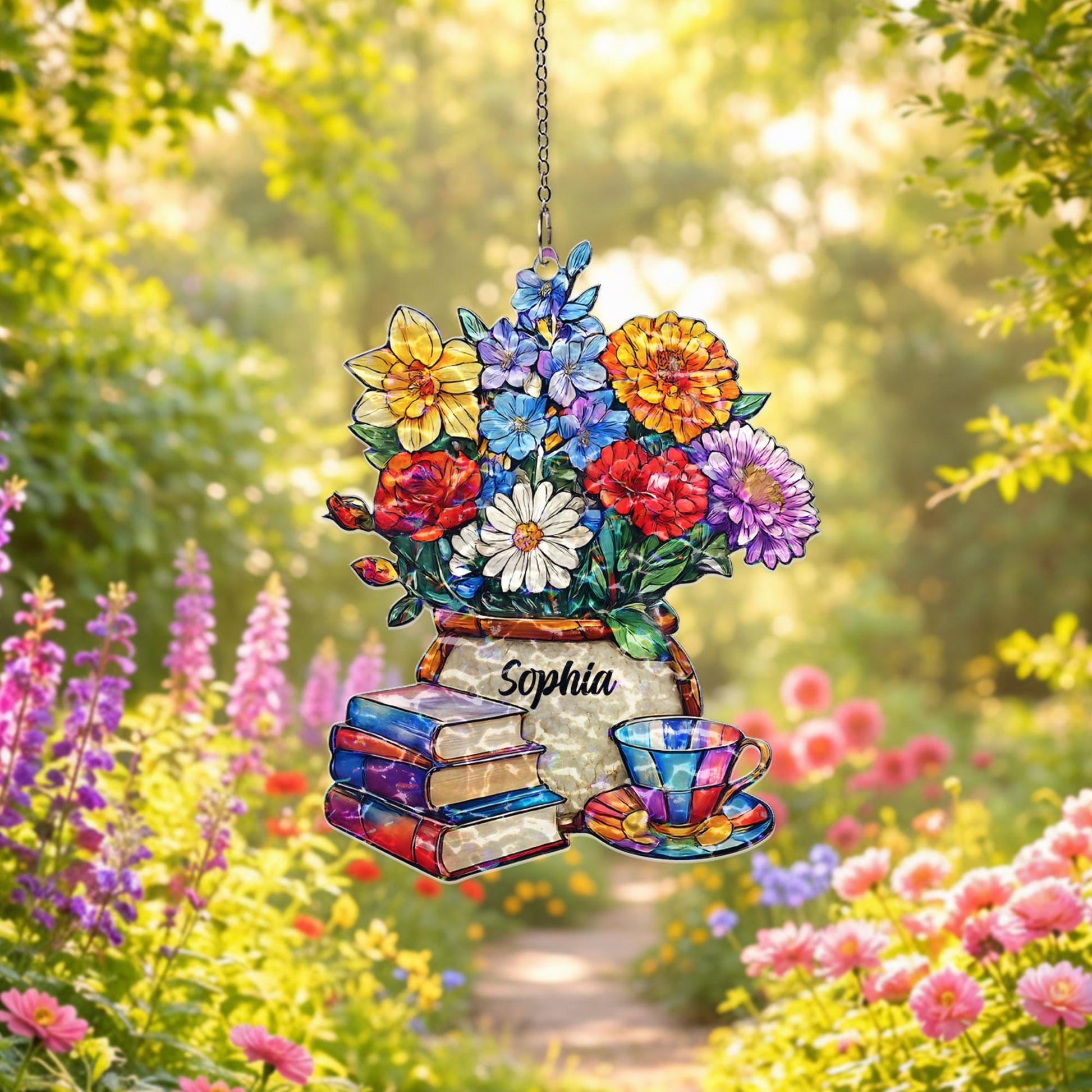 Personalized Book Lover Suncatcher, Custom Name Floral Window Hanging, Reading Nook Decor, Gift for Reader, Teacher Gift, Cozy Home Decor