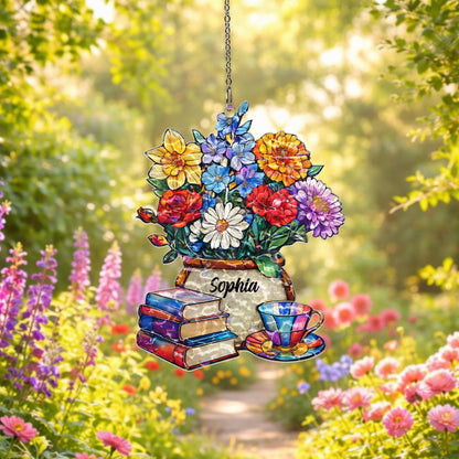 Personalized Book Lover Suncatcher, Custom Name Floral Window Hanging, Reading Nook Decor, Gift for Reader, Teacher Gift, Cozy Home Decor