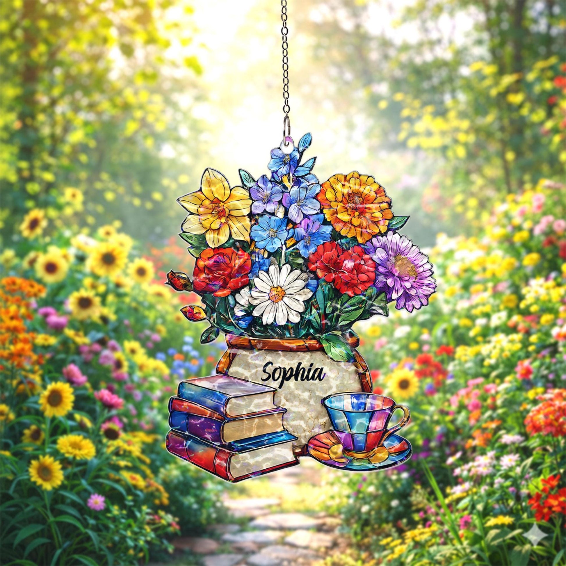 Personalized Book Lover Suncatcher, Custom Name Floral Window Hanging, Reading Nook Decor, Gift for Reader, Teacher Gift, Cozy Home Decor
