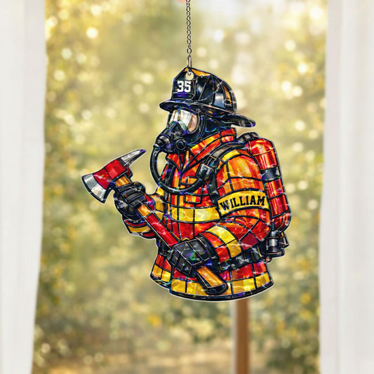 Personalized Firefighter Suncatcher, Custom Name Fireman Gift, First Responder Window Hanging Decor, Firefighter Gift, Retirement Gift