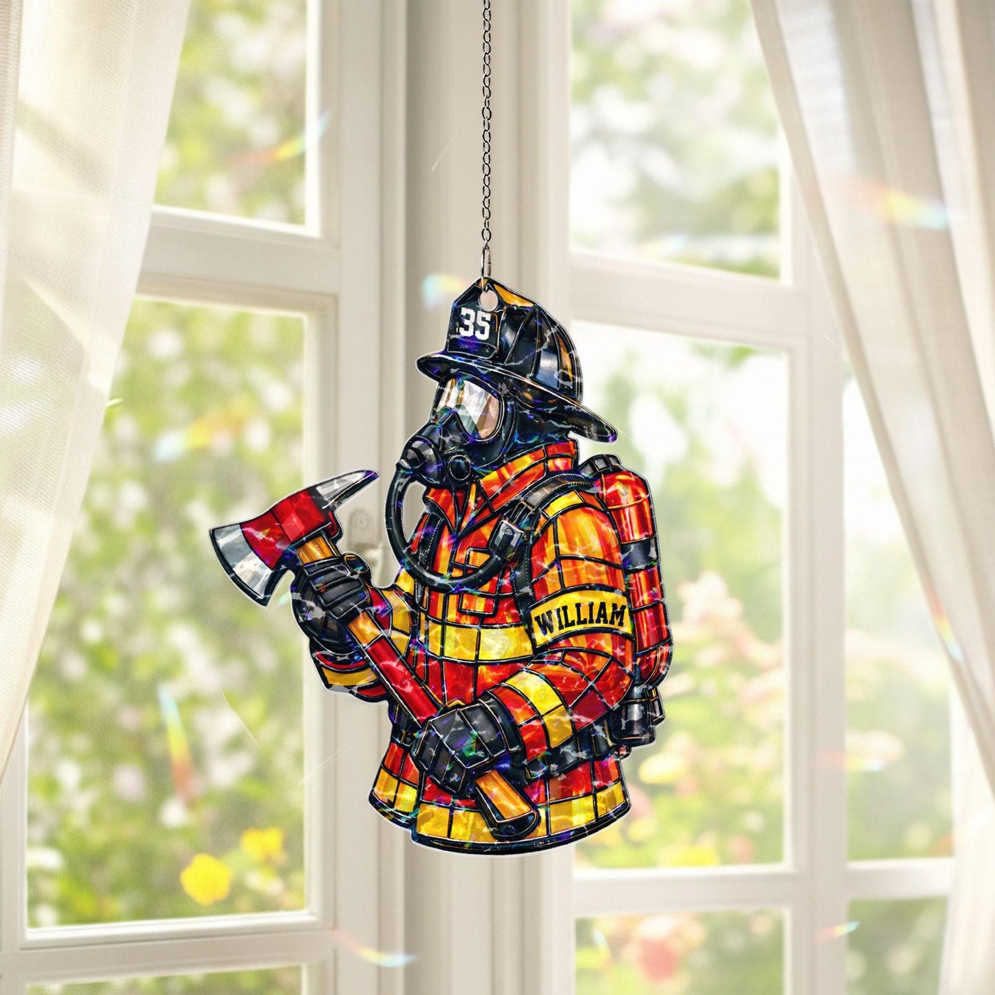 Personalized Firefighter Suncatcher, Custom Name Fireman Gift, First Responder Window Hanging Decor, Firefighter Gift, Retirement Gift