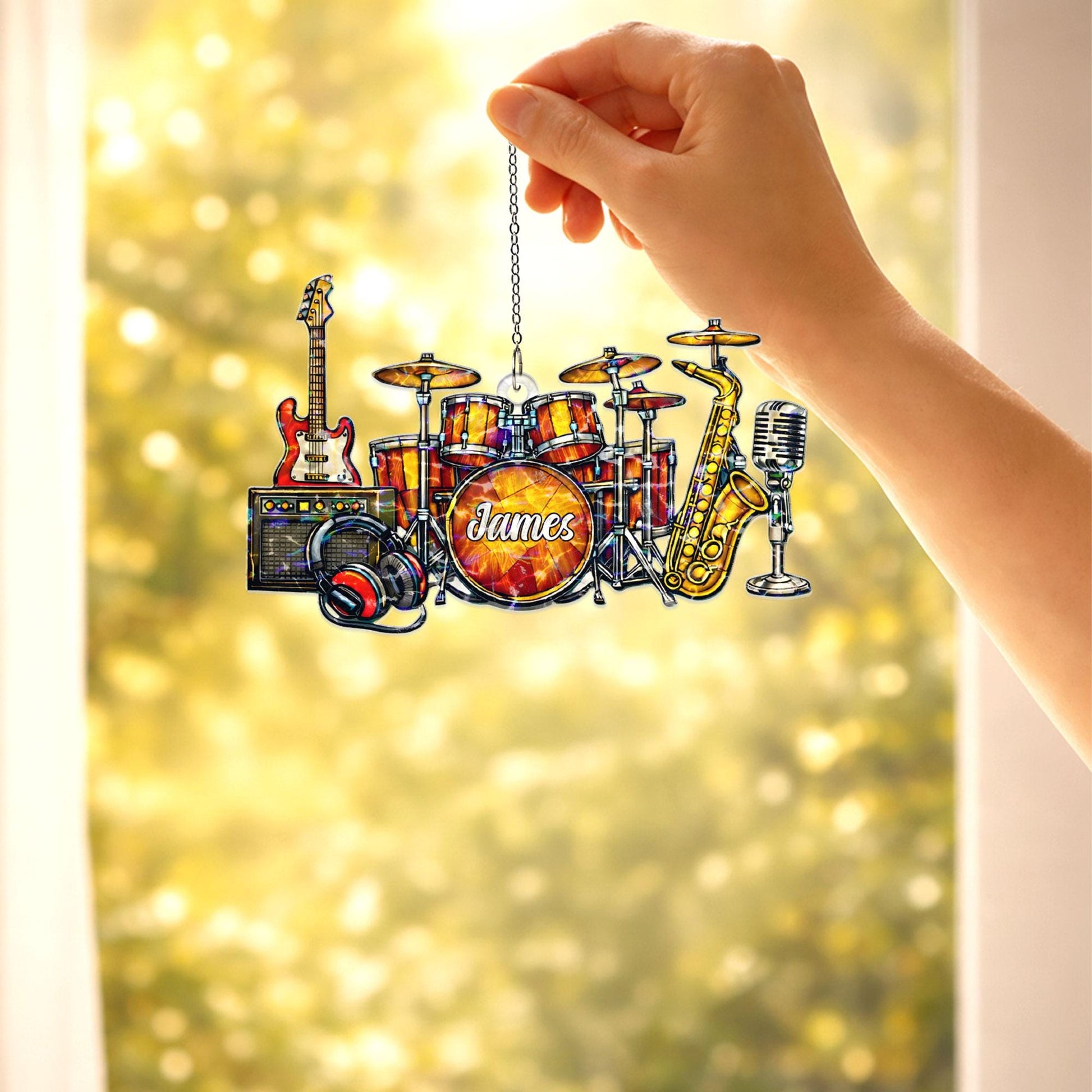 Personalized Music Suncatcher, Custom Name Acrylic Window Hanging, Music Lover Gift, Musician Gift, Band Room Decor, Gift for Drummer