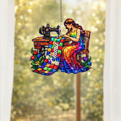 Personalized Quilter Suncatcher, Custom Name Sewing Gift for Mom, Quilting Window Hanging, Sewing Room Decor, Gift for Quilter, Grandma Gift