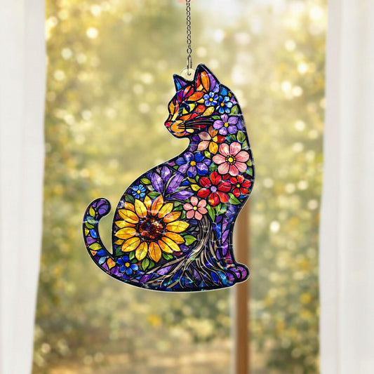 Cat Suncatcher Stained Glass Style, Floral Cat Window Hanging, Cat Lover Gift, Sunflower Cat Decor, Acrylic Window Decor, Boho Home Gift