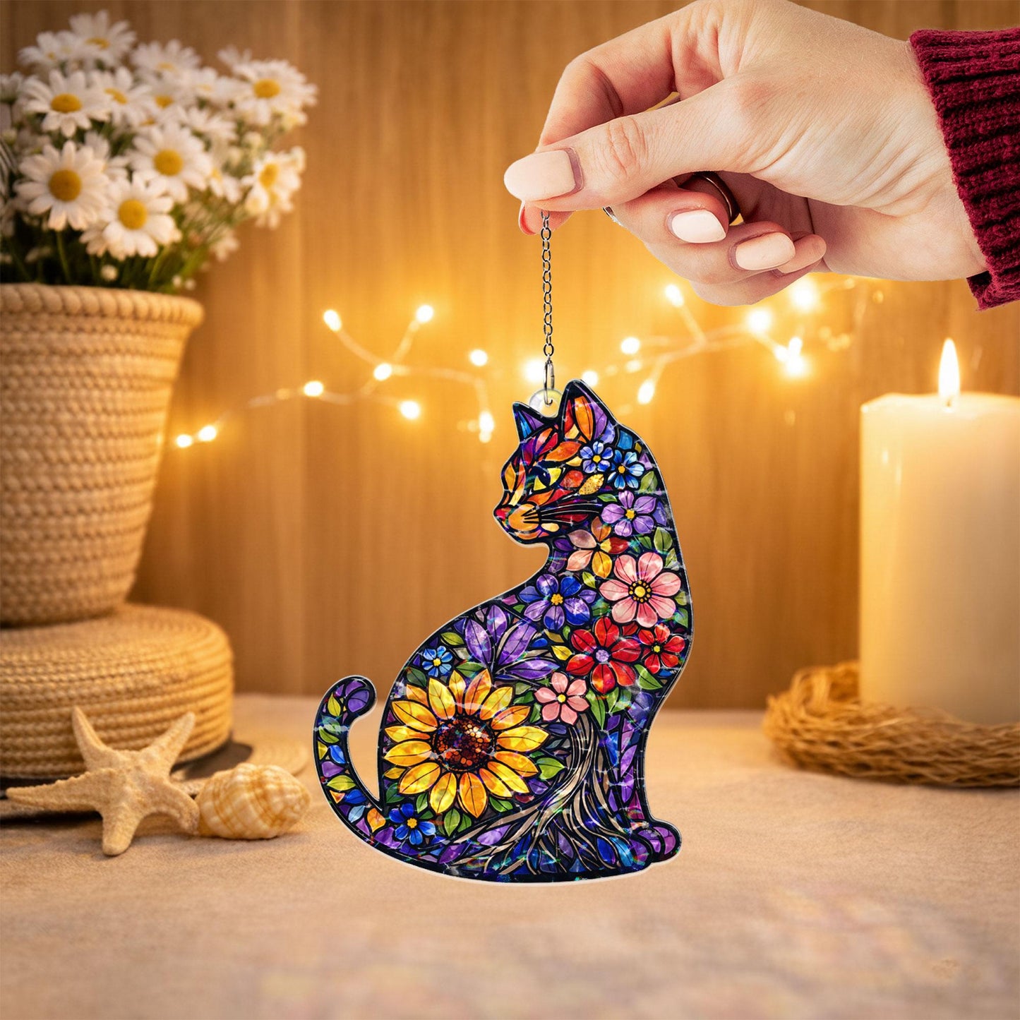 Cat Suncatcher Stained Glass Style, Floral Cat Window Hanging, Cat Lover Gift, Sunflower Cat Decor, Acrylic Window Decor, Boho Home Gift