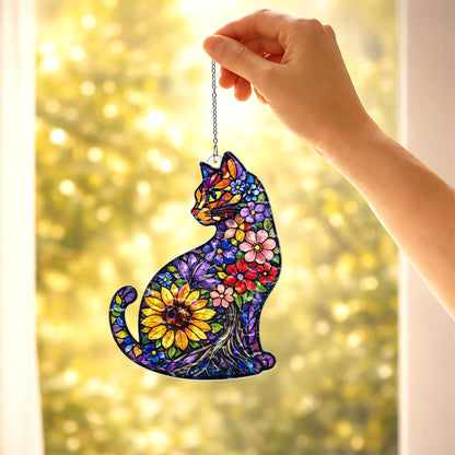 Cat Suncatcher Stained Glass Style, Floral Cat Window Hanging, Cat Lover Gift, Sunflower Cat Decor, Acrylic Window Decor, Boho Home Gift