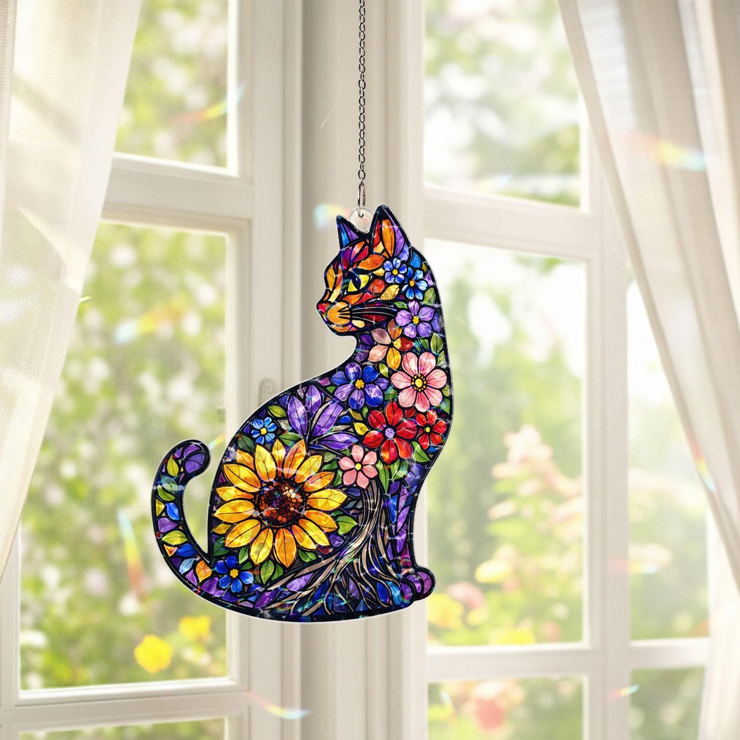 Cat Suncatcher Stained Glass Style, Floral Cat Window Hanging, Cat Lover Gift, Sunflower Cat Decor, Acrylic Window Decor, Boho Home Gift