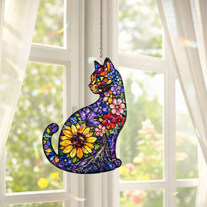 Cat Suncatcher Stained Glass Style, Floral Cat Window Hanging, Cat Lover Gift, Sunflower Cat Decor, Acrylic Window Decor, Boho Home Gift