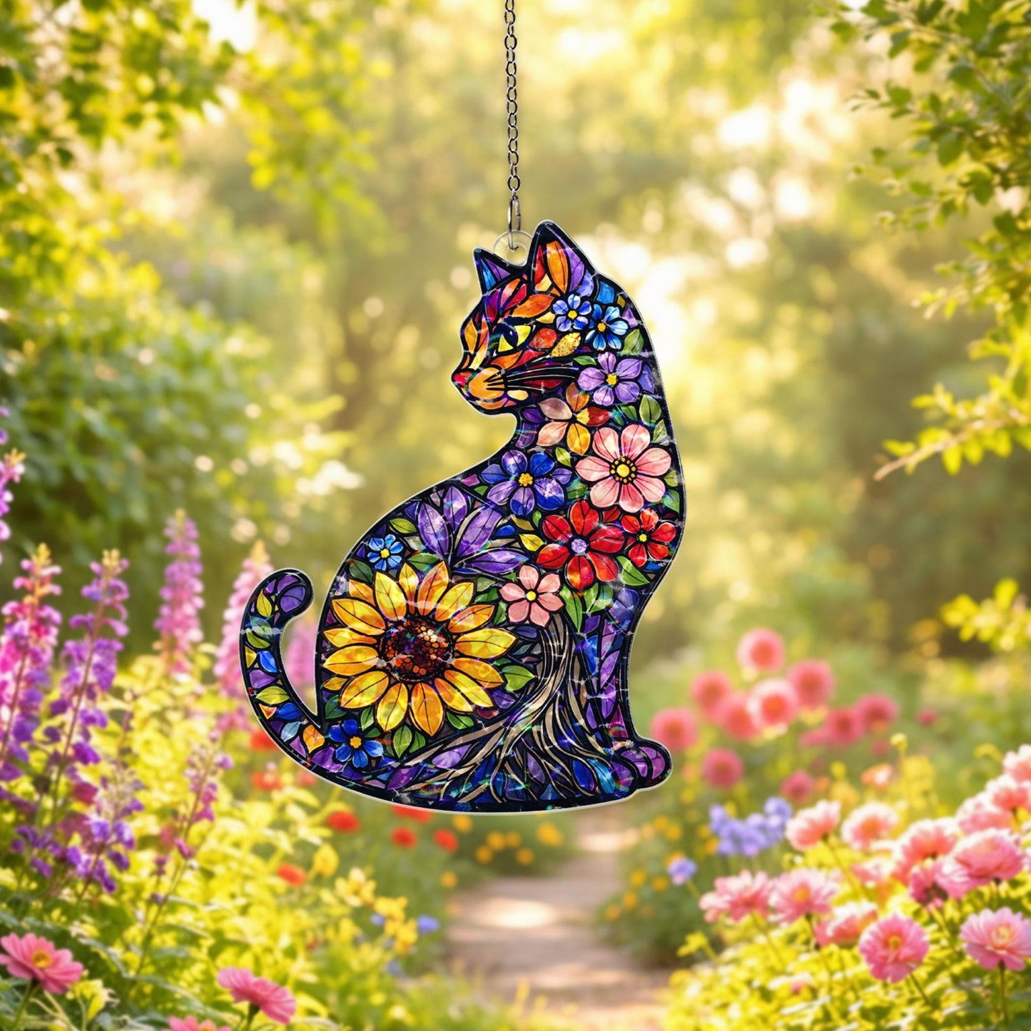 Cat Suncatcher Stained Glass Style, Floral Cat Window Hanging, Cat Lover Gift, Sunflower Cat Decor, Acrylic Window Decor, Boho Home Gift
