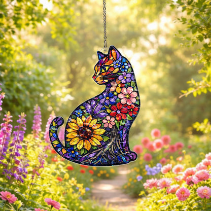 Cat Suncatcher Stained Glass Style, Floral Cat Window Hanging, Cat Lover Gift, Sunflower Cat Decor, Acrylic Window Decor, Boho Home Gift