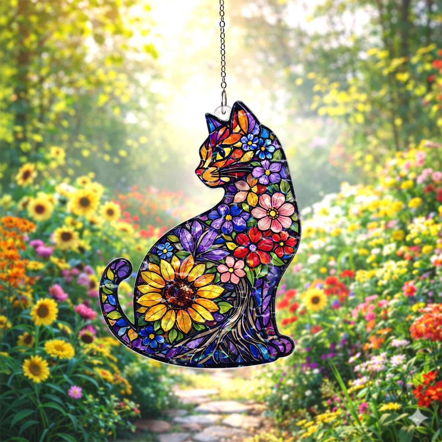 Cat Suncatcher Stained Glass Style, Floral Cat Window Hanging, Cat Lover Gift, Sunflower Cat Decor, Acrylic Window Decor, Boho Home Gift