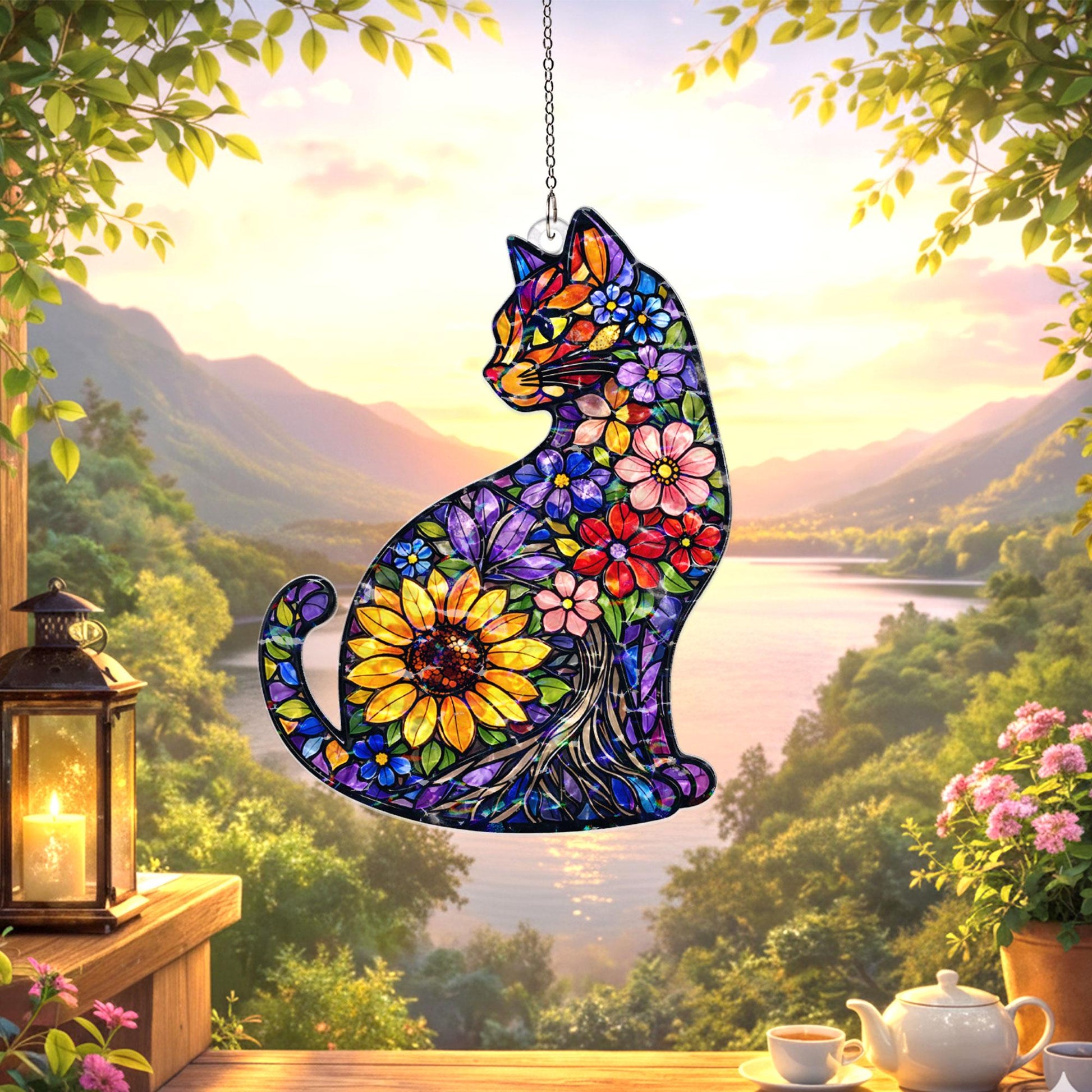 Cat Suncatcher Stained Glass Style, Floral Cat Window Hanging, Cat Lover Gift, Sunflower Cat Decor, Acrylic Window Decor, Boho Home Gift