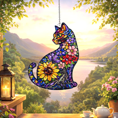 Cat Suncatcher Stained Glass Style, Floral Cat Window Hanging, Cat Lover Gift, Sunflower Cat Decor, Acrylic Window Decor, Boho Home Gift