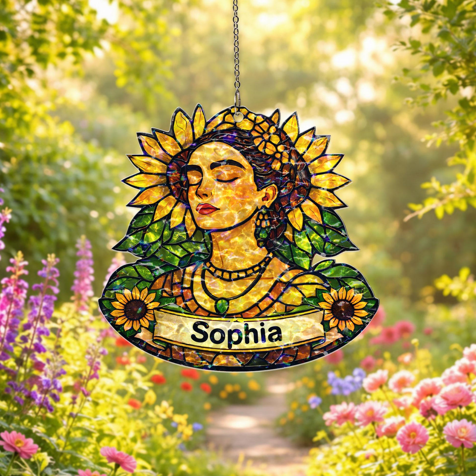 Personalized Sunflower Woman Suncatcher, Custom Name Acrylic Window Hanging, Floral Stained Glass Style Decor, Gift for Her, Mom Gift