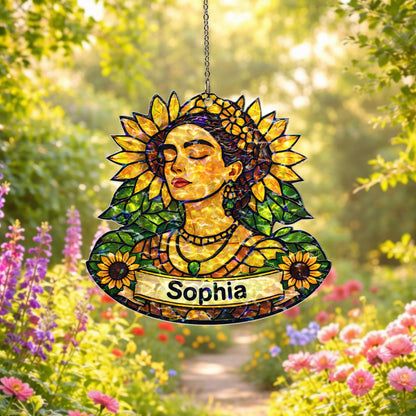 Personalized Sunflower Woman Suncatcher, Custom Name Acrylic Window Hanging, Floral Stained Glass Style Decor, Gift for Her, Mom Gift