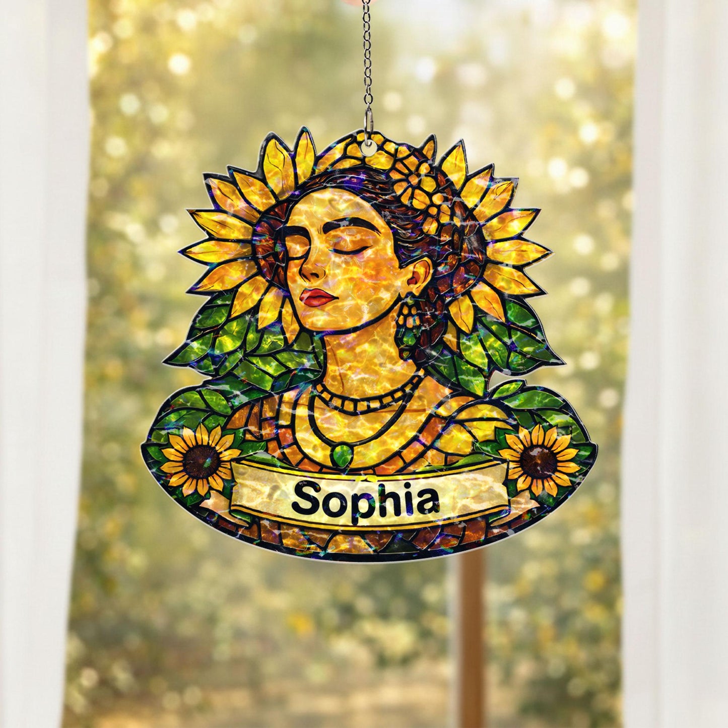Personalized Sunflower Woman Suncatcher, Custom Name Acrylic Window Hanging, Floral Stained Glass Style Decor, Gift for Her, Mom Gift