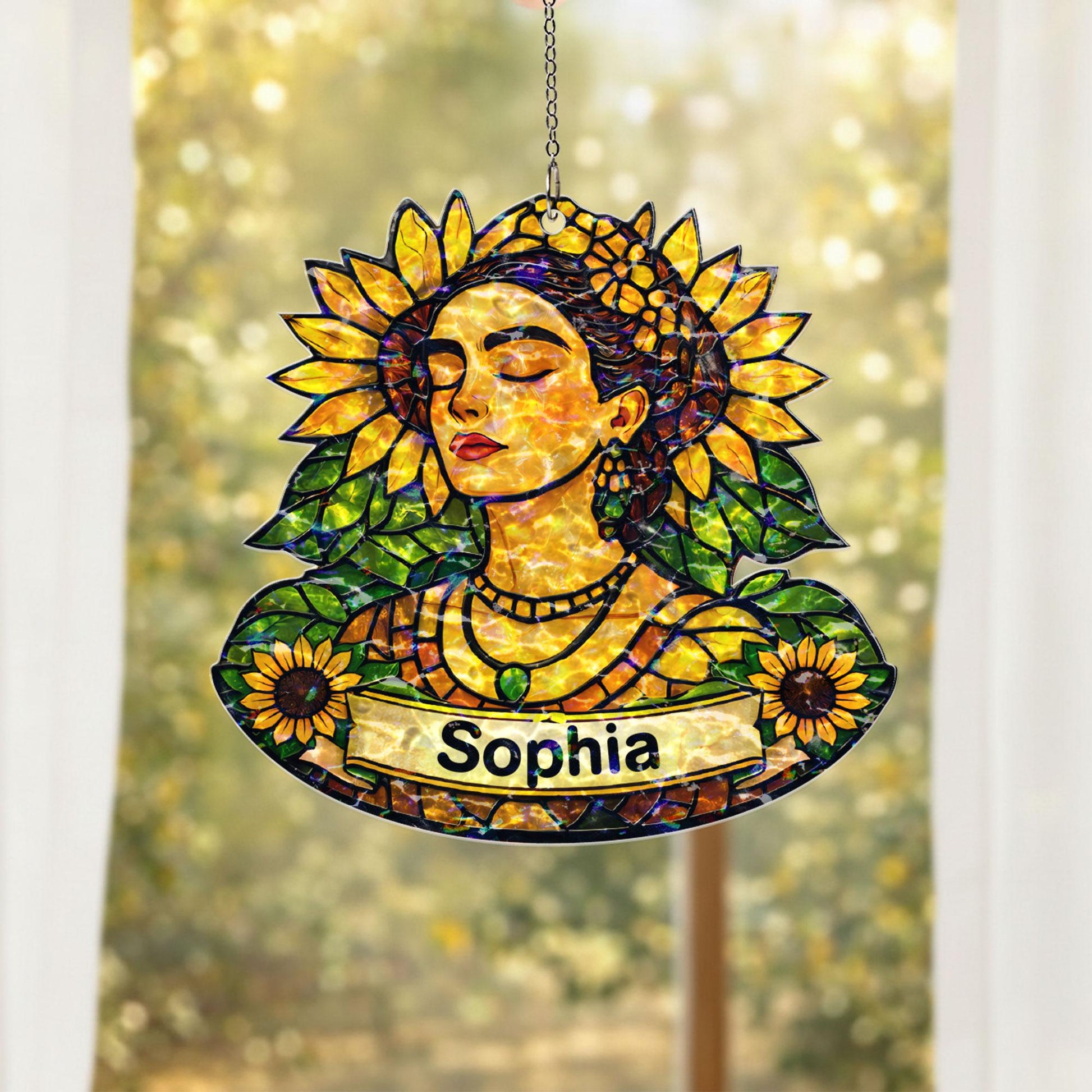 Personalized Sunflower Woman Suncatcher, Custom Name Acrylic Window Hanging, Floral Stained Glass Style Decor, Gift for Her, Mom Gift