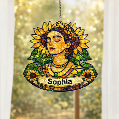 Personalized Sunflower Woman Suncatcher, Custom Name Acrylic Window Hanging, Floral Stained Glass Style Decor, Gift for Her, Mom Gift