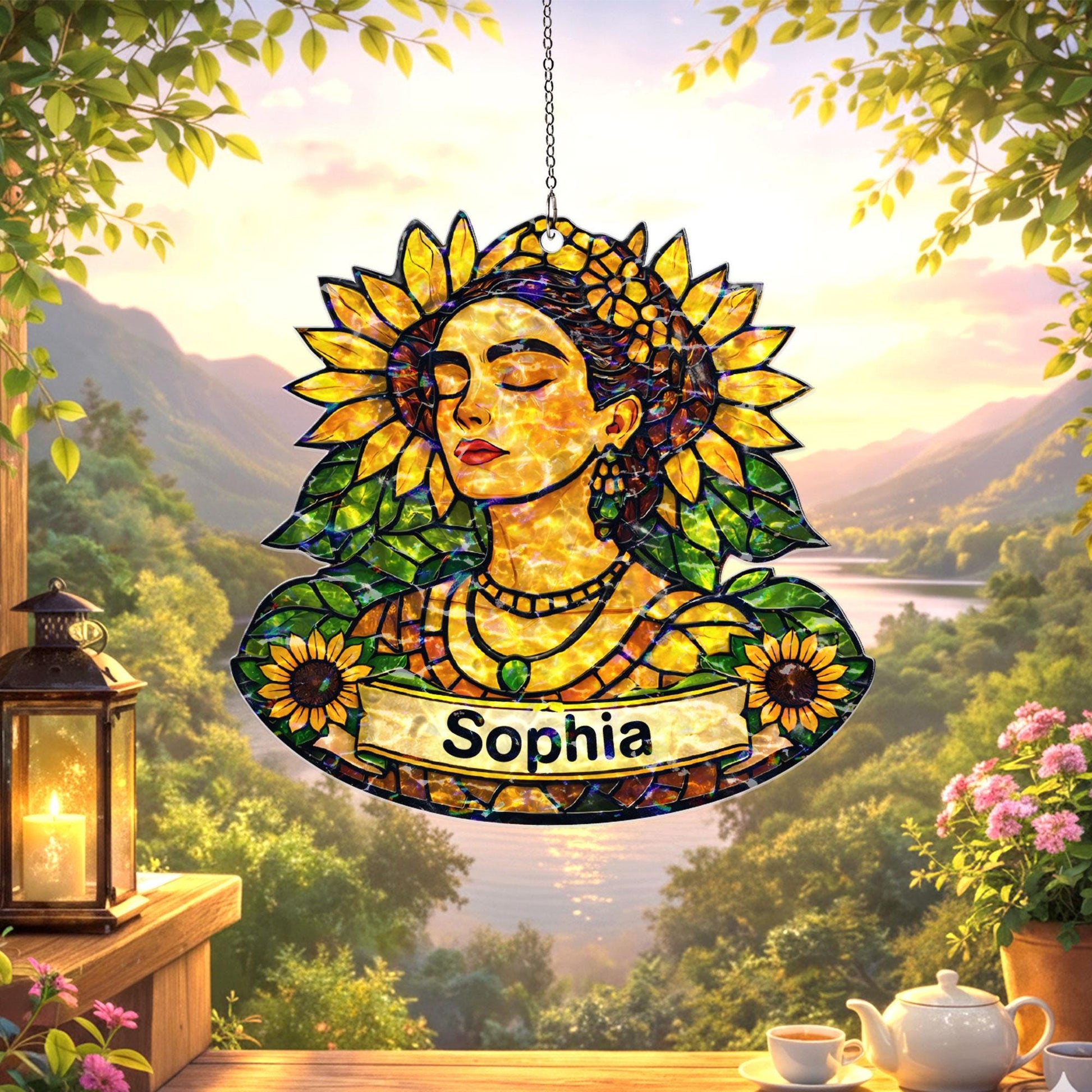 Personalized Sunflower Woman Suncatcher, Custom Name Acrylic Window Hanging, Floral Stained Glass Style Decor, Gift for Her, Mom Gift