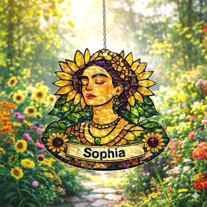 Personalized Sunflower Woman Suncatcher, Custom Name Acrylic Window Hanging, Floral Stained Glass Style Decor, Gift for Her, Mom Gift