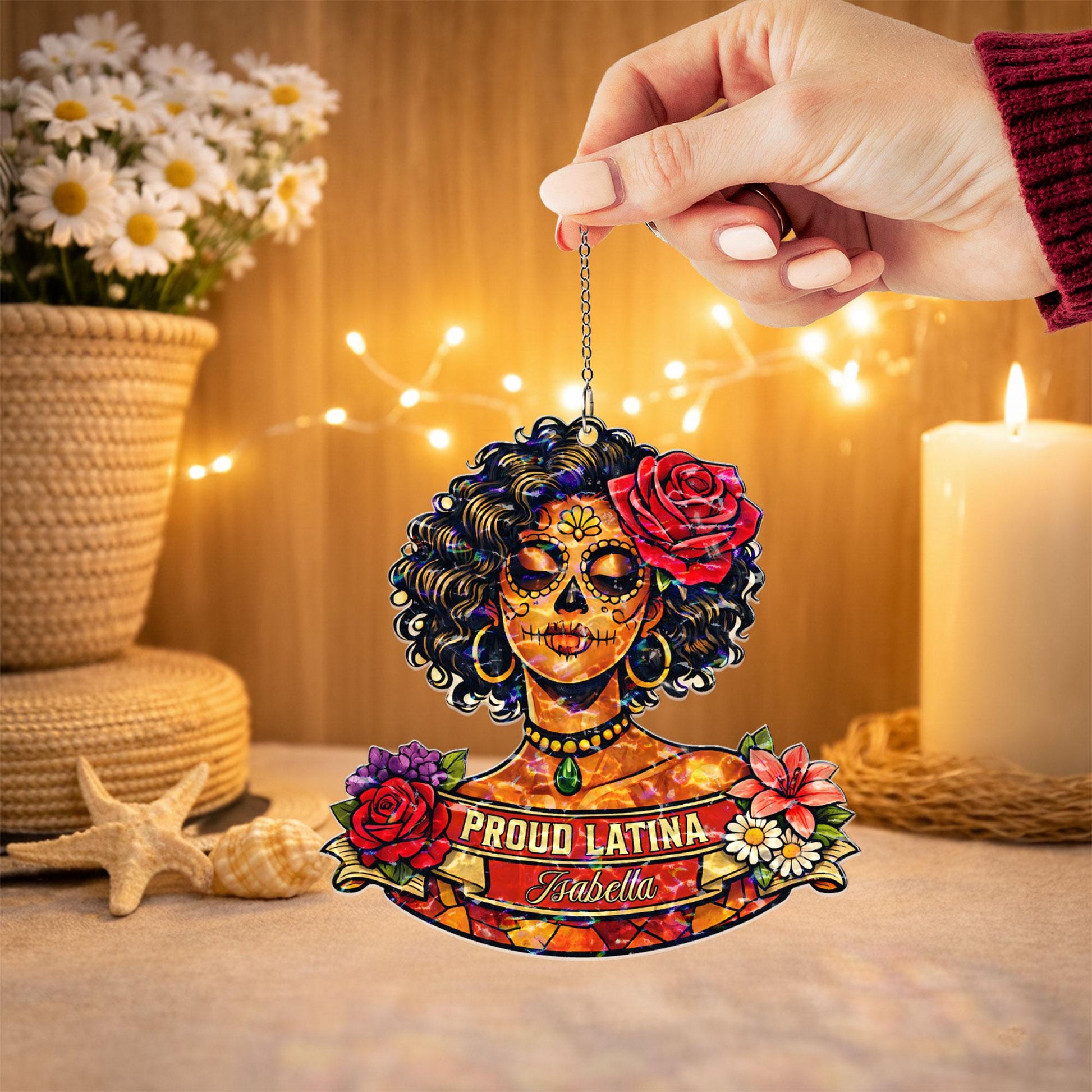 Personalized Proud Latina Suncatcher, Custom Name Sugar Skull Window Hanging, Latina Gift for Her, Hispanic Decor, Day of the Dead Gift