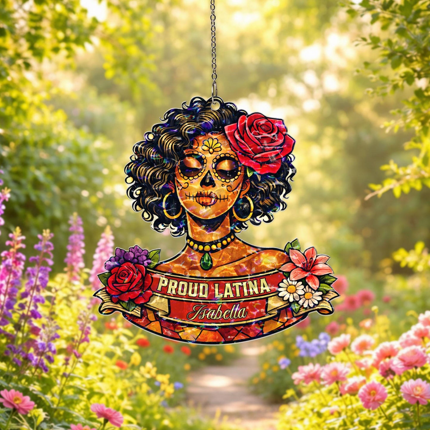 Personalized Proud Latina Suncatcher, Custom Name Sugar Skull Window Hanging, Latina Gift for Her, Hispanic Decor, Day of the Dead Gift