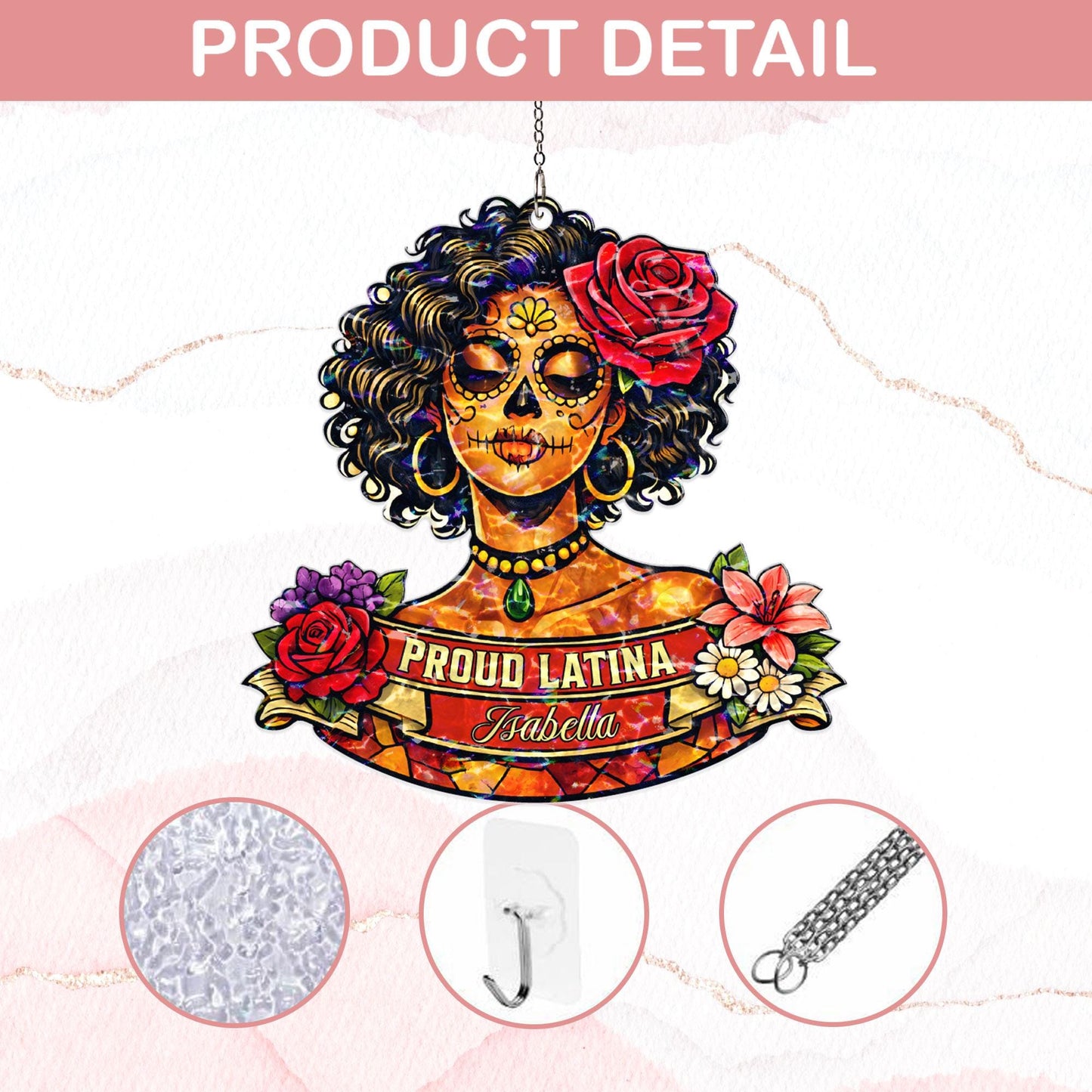 Personalized Proud Latina Suncatcher, Custom Name Sugar Skull Window Hanging, Latina Gift for Her, Hispanic Decor, Day of the Dead Gift
