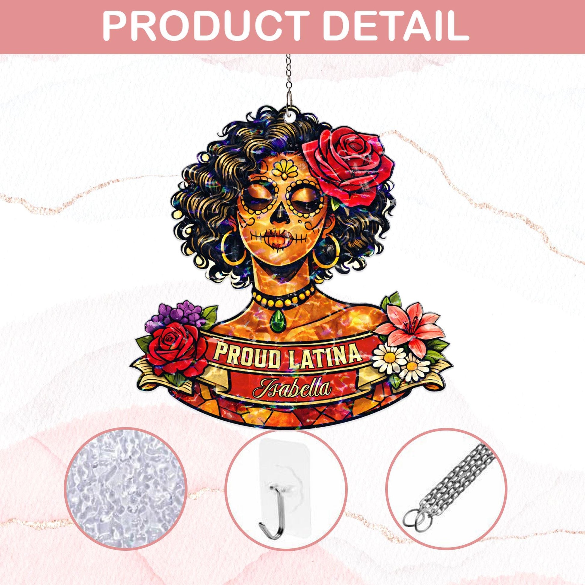 Personalized Proud Latina Suncatcher, Custom Name Sugar Skull Window Hanging, Latina Gift for Her, Hispanic Decor, Day of the Dead Gift