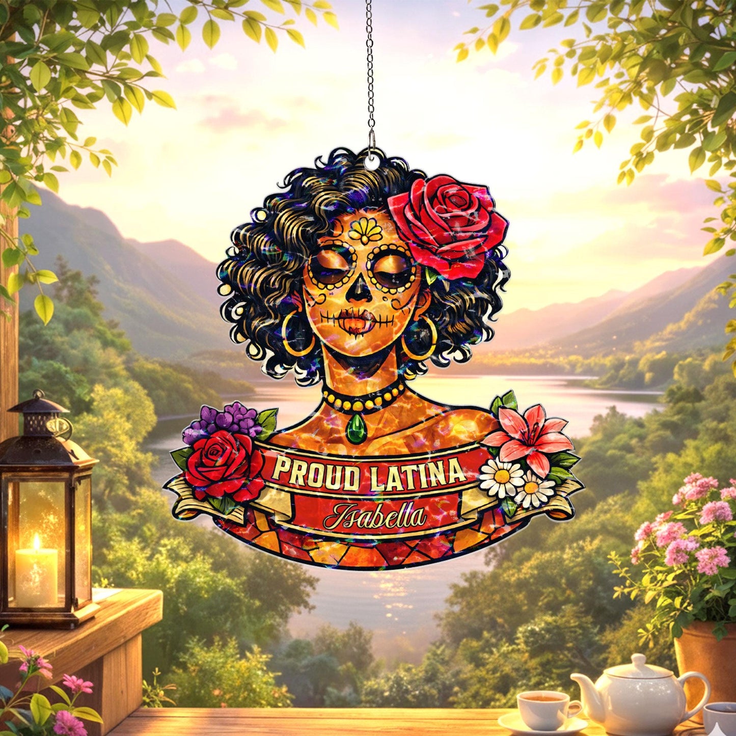 Personalized Proud Latina Suncatcher, Custom Name Sugar Skull Window Hanging, Latina Gift for Her, Hispanic Decor, Day of the Dead Gift