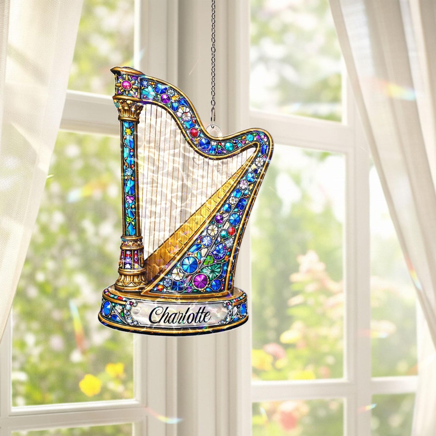 Personalized Harp Suncatcher, Custom Name Music Gift, Harp Player Gift for Her, Classical Music Window Hanging, Music Teacher Gift Decor