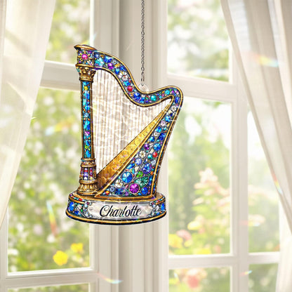 Personalized Harp Suncatcher, Custom Name Music Gift, Harp Player Gift for Her, Classical Music Window Hanging, Music Teacher Gift Decor
