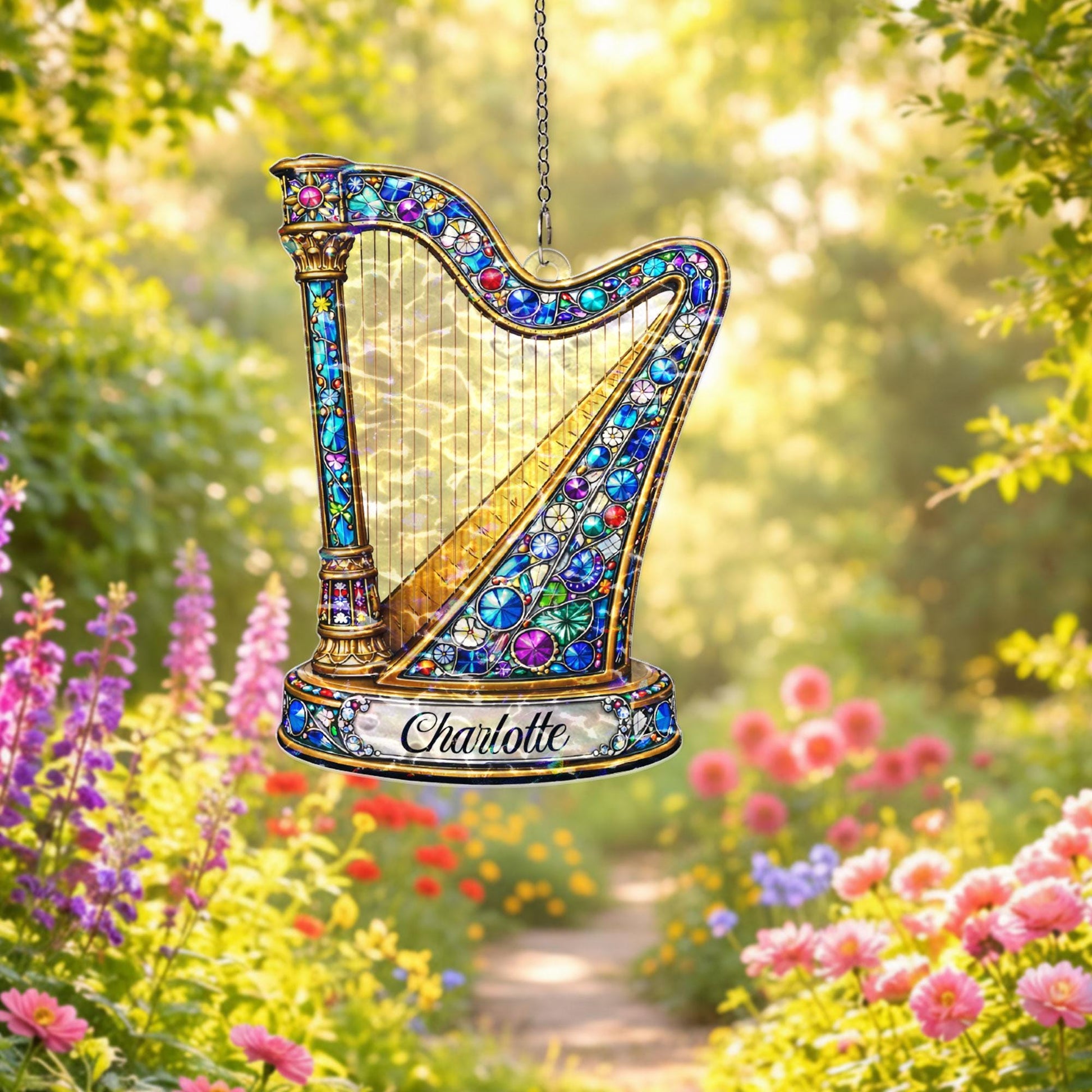 Personalized Harp Suncatcher, Custom Name Music Gift, Harp Player Gift for Her, Classical Music Window Hanging, Music Teacher Gift Decor