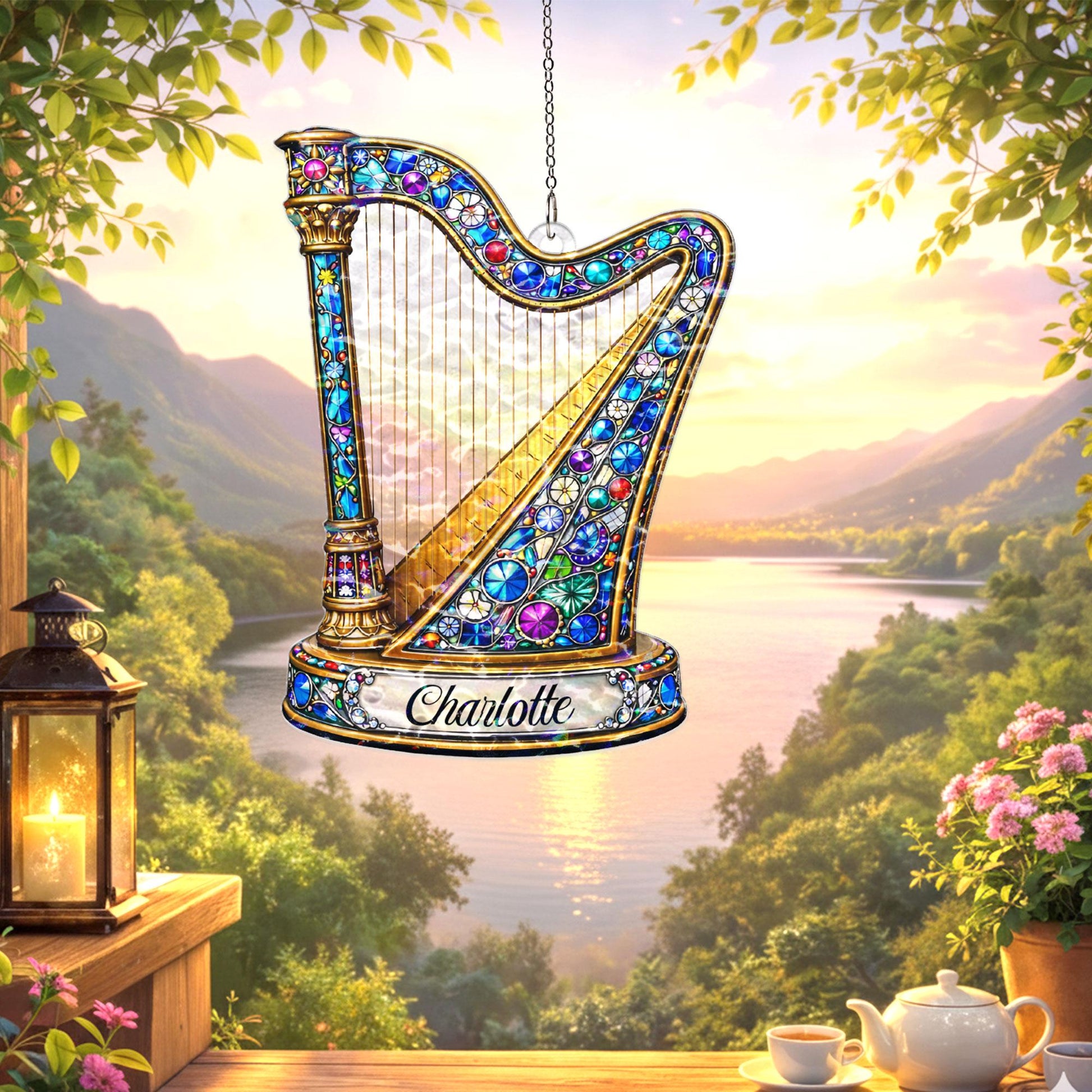 Personalized Harp Suncatcher, Custom Name Music Gift, Harp Player Gift for Her, Classical Music Window Hanging, Music Teacher Gift Decor