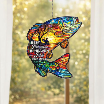 Fishing Memorial Suncatcher, Personalized Fisherman Gift In Memory Of Dad, Custom Name Sympathy Gift, In Loving Memory Window Hanging Decor