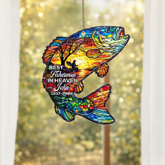 Fishing Memorial Suncatcher, Personalized Fisherman Gift In Memory Of Dad, Custom Name Sympathy Gift, In Loving Memory Window Hanging Decor