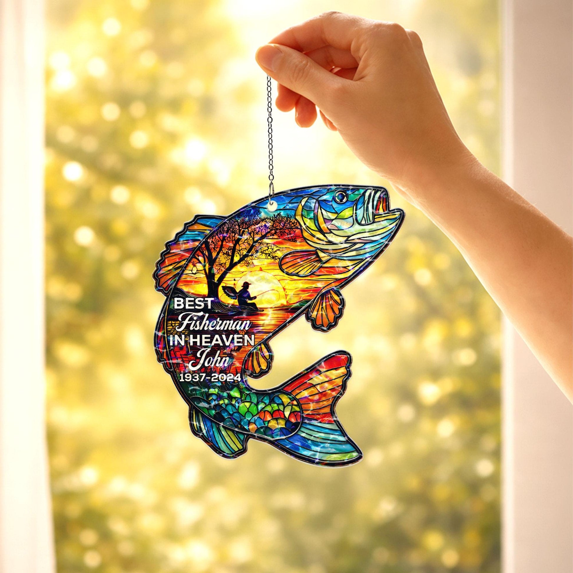 Fishing Memorial Suncatcher, Personalized Fisherman Gift In Memory Of Dad, Custom Name Sympathy Gift, In Loving Memory Window Hanging Decor