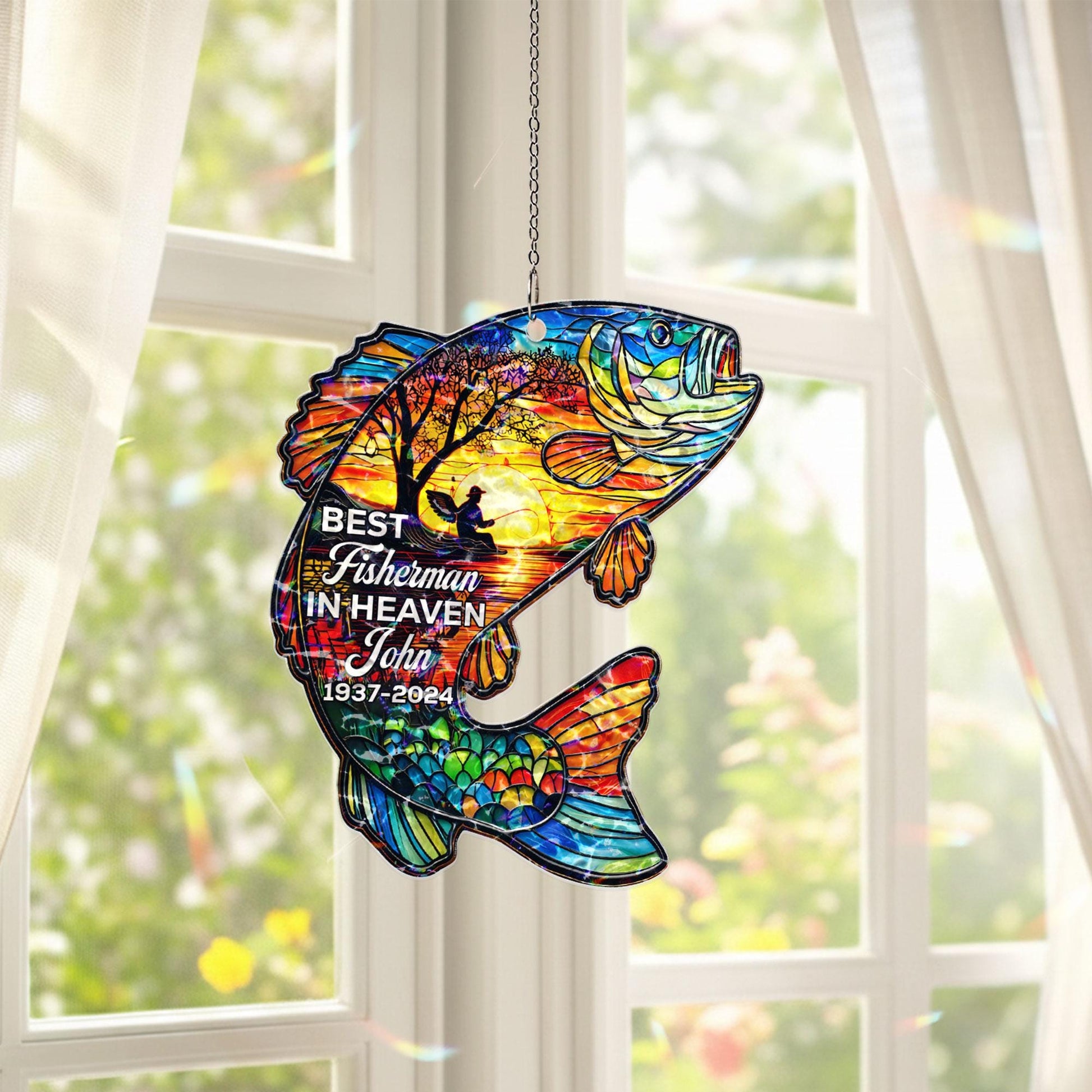 Fishing Memorial Suncatcher, Personalized Fisherman Gift In Memory Of Dad, Custom Name Sympathy Gift, In Loving Memory Window Hanging Decor