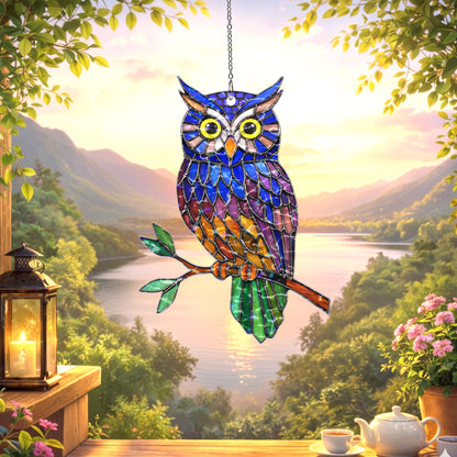Personalized Owl Suncatcher, Custom Name Stained Glass Owl Window Hanging, Owl Lover Gift, Bird Lover Decor, Acrylic Window Ornament