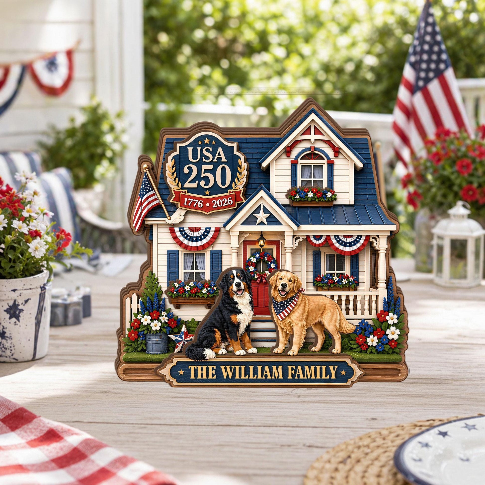Personalized USA 250 Dog Family Wooden Block, Custom Patriotic Pet House Decor, 1776 2026 Family Name Shelf Sign Gift