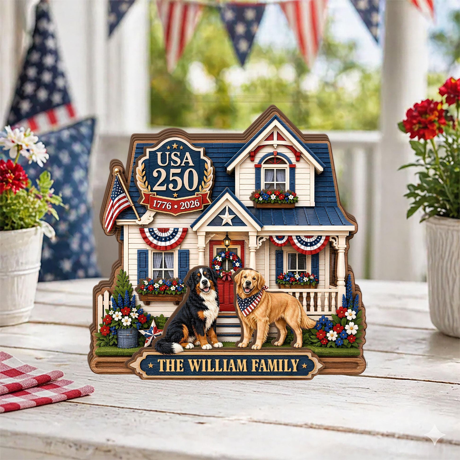 Personalized USA 250 Dog Family Wooden Block, Custom Patriotic Pet House Decor, 1776 2026 Family Name Shelf Sign Gift
