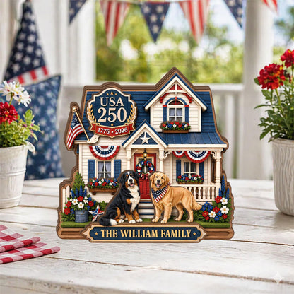 Personalized USA 250 Dog Family Wooden Block, Custom Patriotic Pet House Decor, 1776 2026 Family Name Shelf Sign Gift