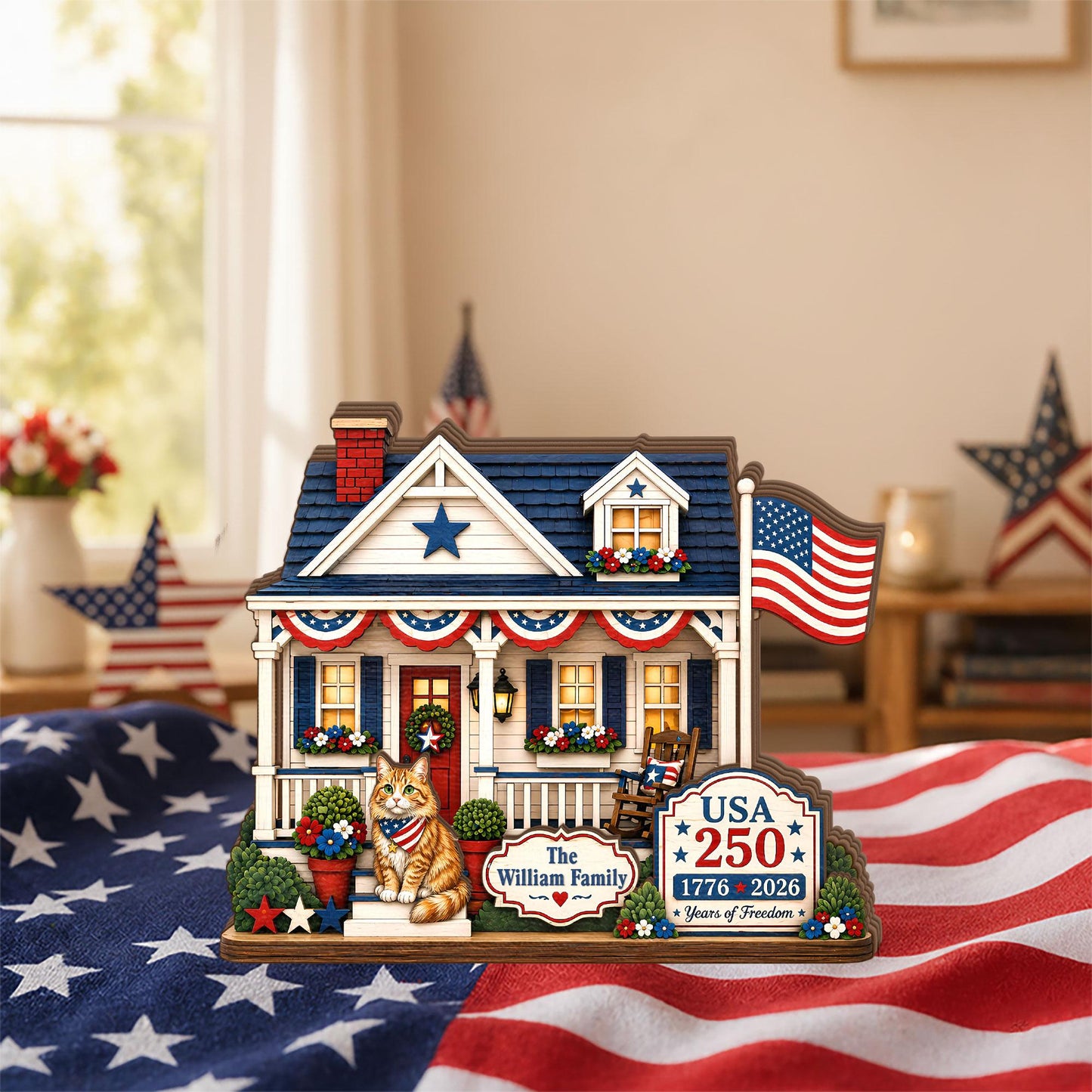 Personalized USA 250 Cat Family Wooden Block, Custom Patriotic House Shelf Decor, 1776 2026 Cat Lover Family Gift