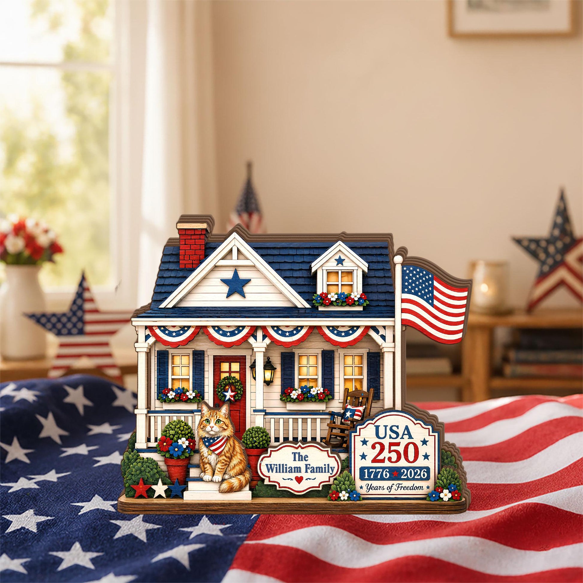 Personalized USA 250 Cat Family Wooden Block, Custom Patriotic House Shelf Decor, 1776 2026 Cat Lover Family Gift