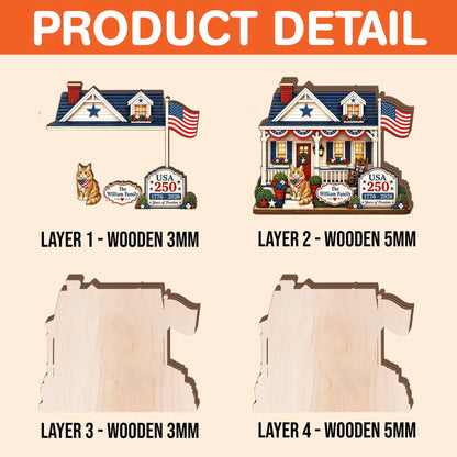 Personalized USA 250 Cat Family Wooden Block, Custom Patriotic House Shelf Decor, 1776 2026 Cat Lover Family Gift