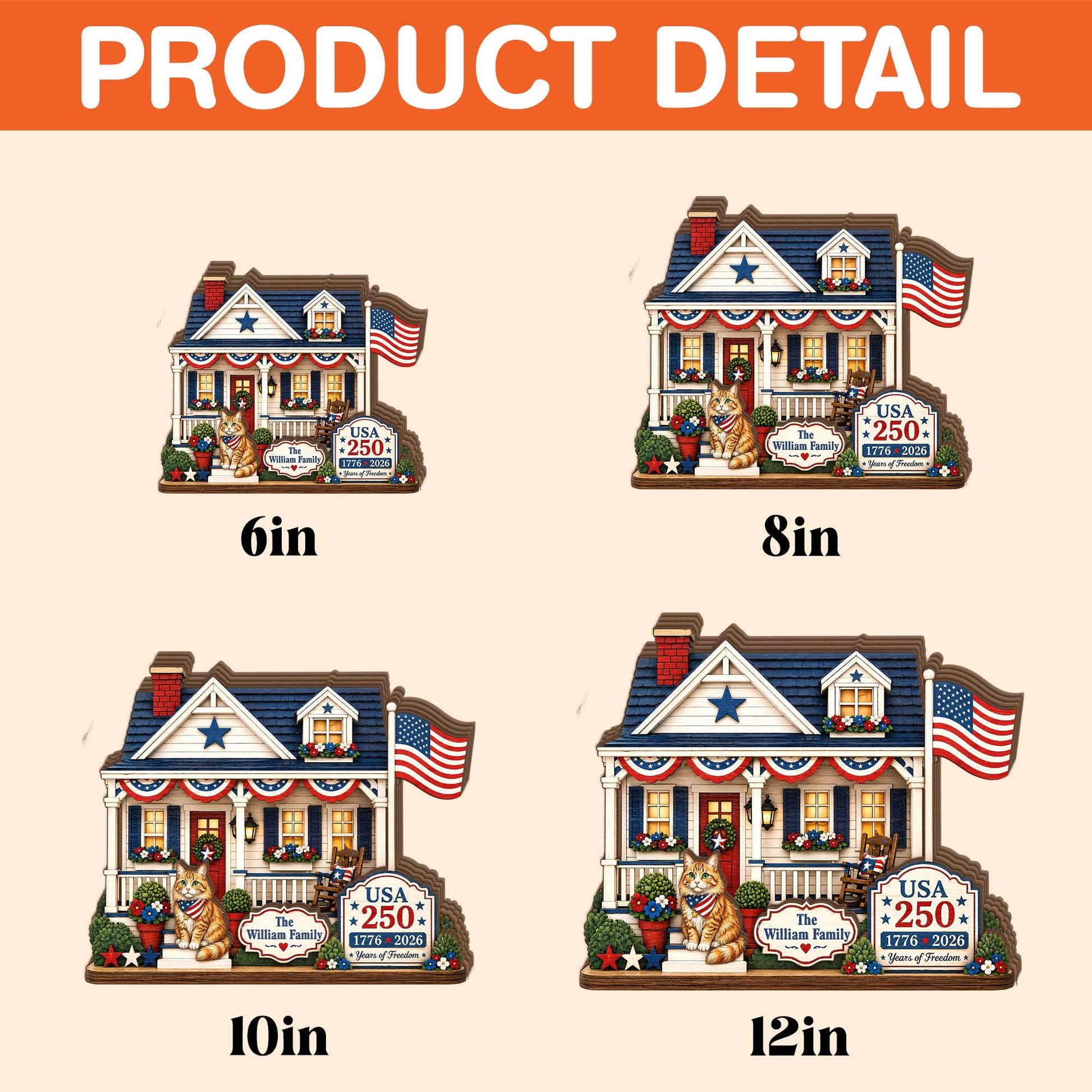 Personalized USA 250 Cat Family Wooden Block, Custom Patriotic House Shelf Decor, 1776 2026 Cat Lover Family Gift
